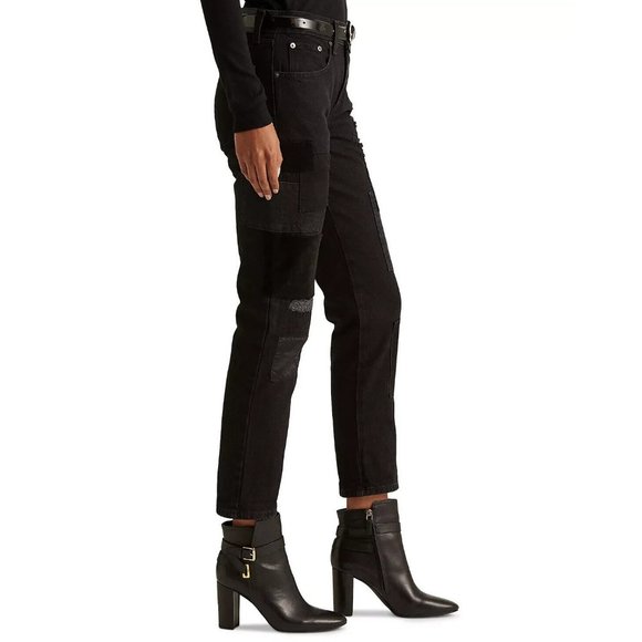 NWT Lauren Ralph Lauren Patchwork Relaxed Tapered Jean Black Wash - Picture 4 of 6